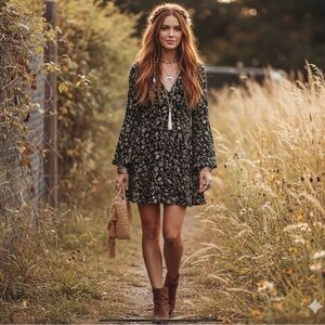 Mango Babydoll Floral Mini Dress XS Black/Brown Long Sleeve VNeck Boho Romantic